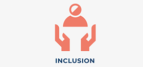 Icon of a person hovering over two open hands with the text 'Inclusion'.