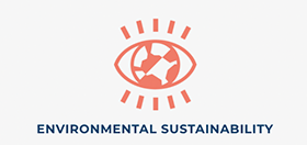 Icon of an open eye with Planet Earth as a pupil over the text 'environmental sustainability'.